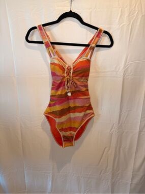 BECCA Striped Lace-Up One-Piece Swimsuit - Pink, Orange, Yellow